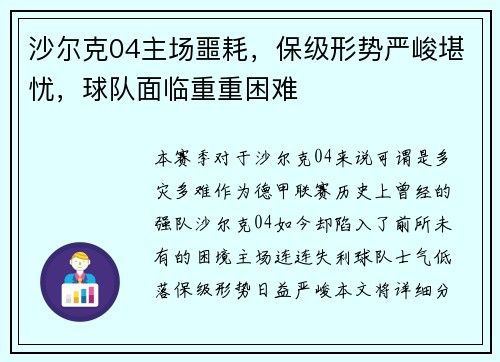沙尔克04主场噩耗，保级形势严峻堪忧，球队面临重重困难