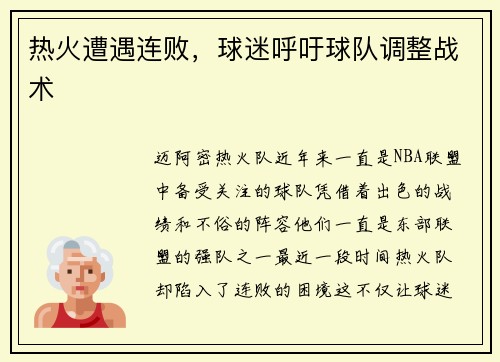 热火遭遇连败，球迷呼吁球队调整战术